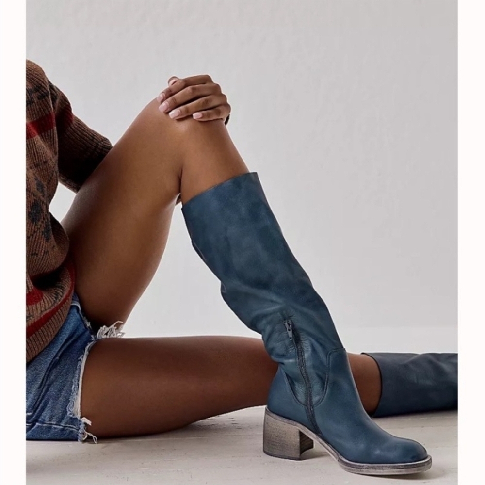 FREE PEOPLE Essential Boots 36 / 6 Washed Out Black Leather Tall Block Heel Boho - Picture 2 of 16